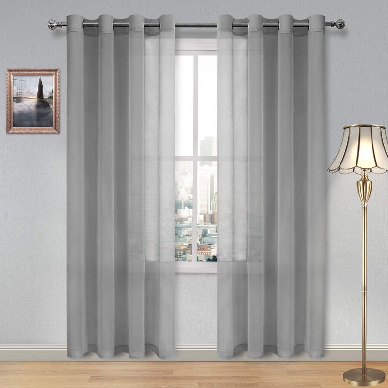 DWCN Sheer Curtains for Living Room Grey Faux Linen Look Voile Drapes Grommet Window Curtain 52 x 84 Inch Long, Set of 2 Panels - Image 1